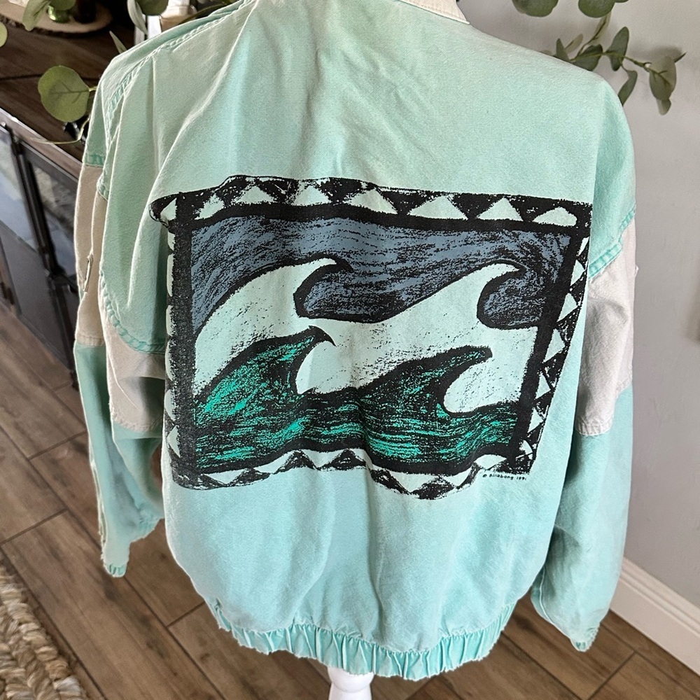 Billabong 90’s Canvas Mint Green and Cream Retro Bomber Jacket - Picture 3 of 7